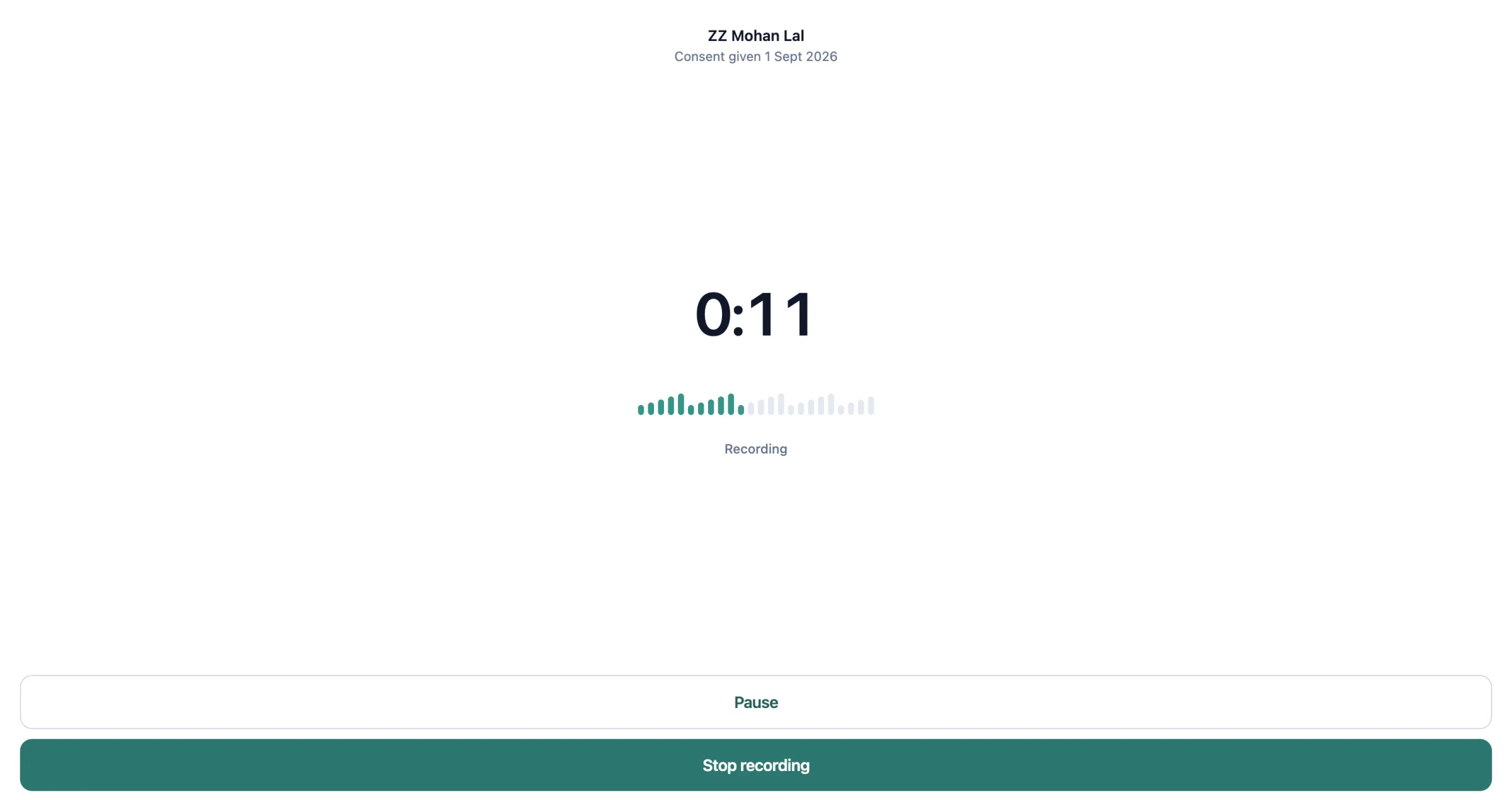 The consultation screen mid-recording: the patient's name, the date consent was given, a running timer and a live level meter.