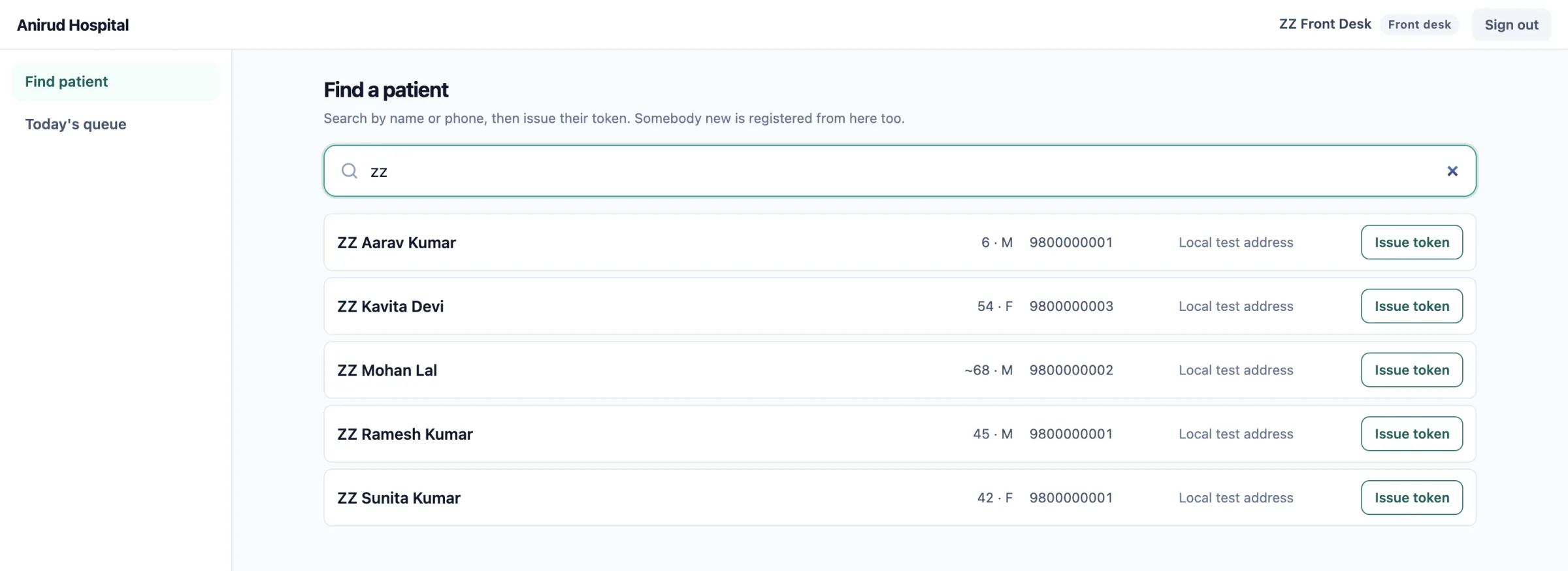 The front desk search results: name, age, phone and address, with an issue-token action. No clinical column is present.