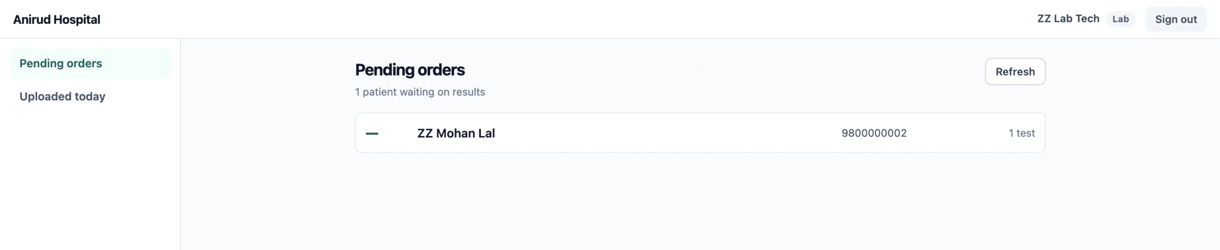 The lab's pending orders: one row per patient with name, mobile and a test count. No chart, no note.