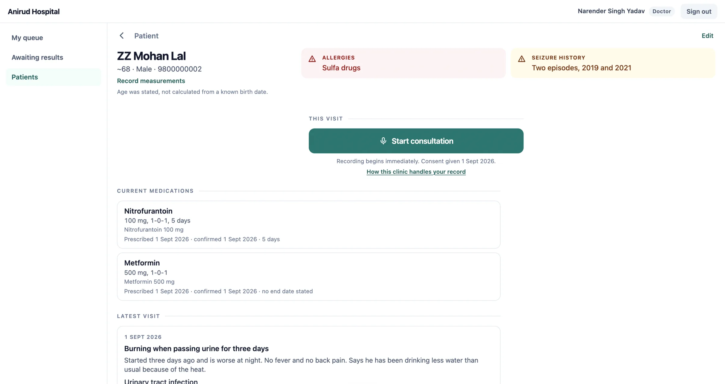 A patient record: allergy and seizure bands, current medications, and the visit history.